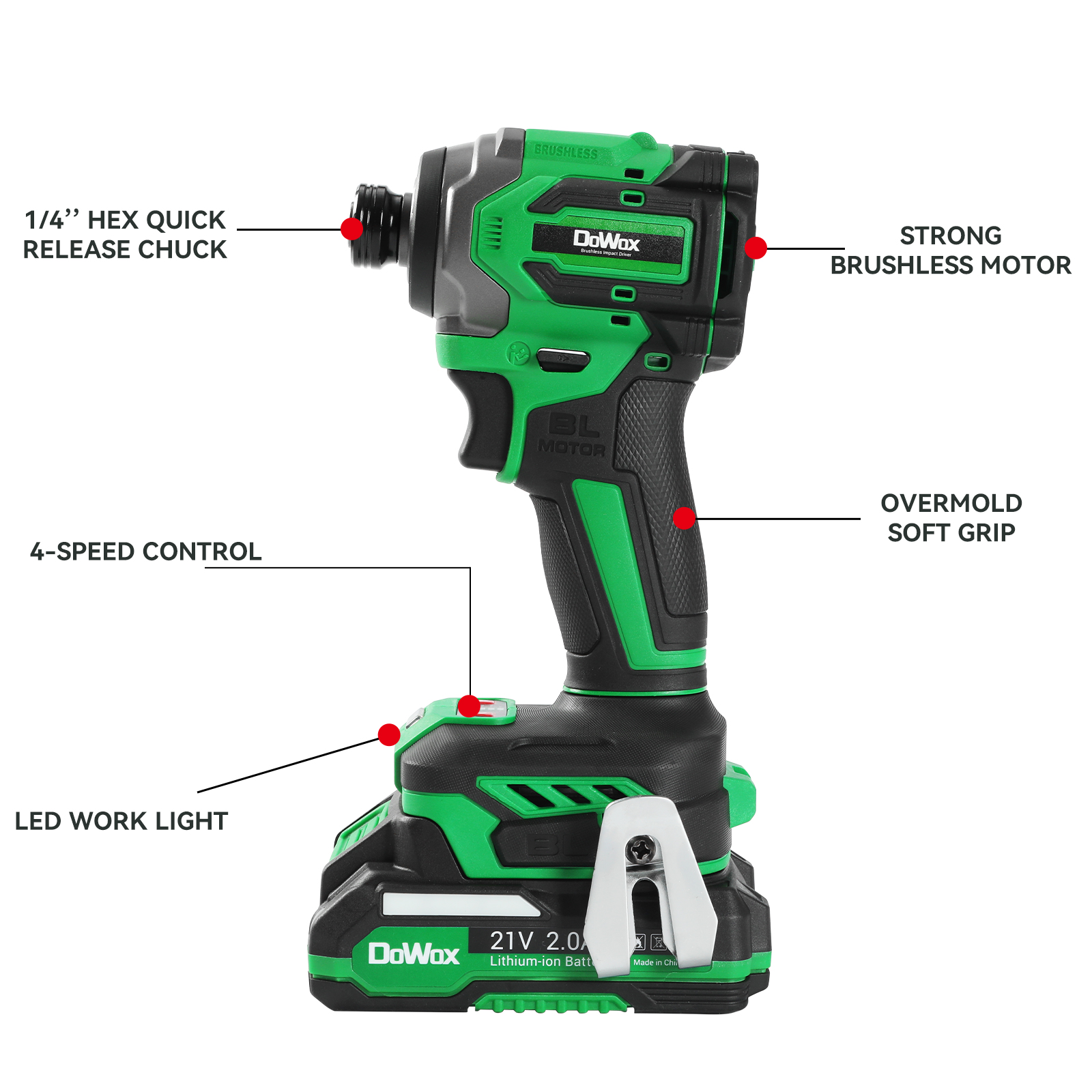 DOWOX Impact Driver Kit, 2000 IN-LBS 21V Impact Drill Driver Set, 1/4 Hex Chuck 0-3200 RPM Variabl(图14)